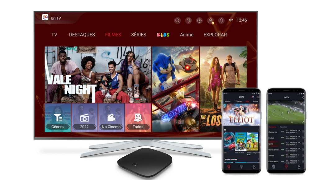 Interface do aplicativo UniTV na TV, TV Box e celulares